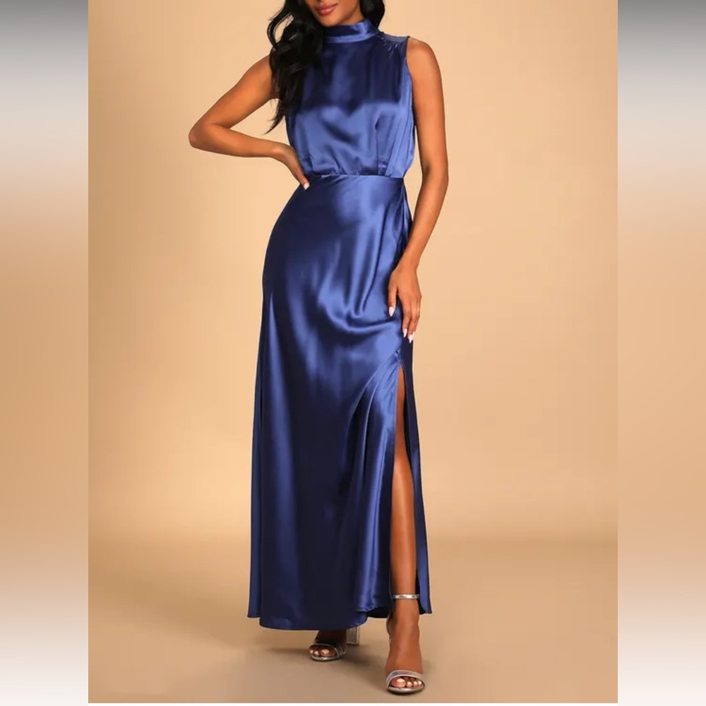 LULUS | Classic Elegance Blue Satin Sleeveless Mock Neck Maxi Dress size small